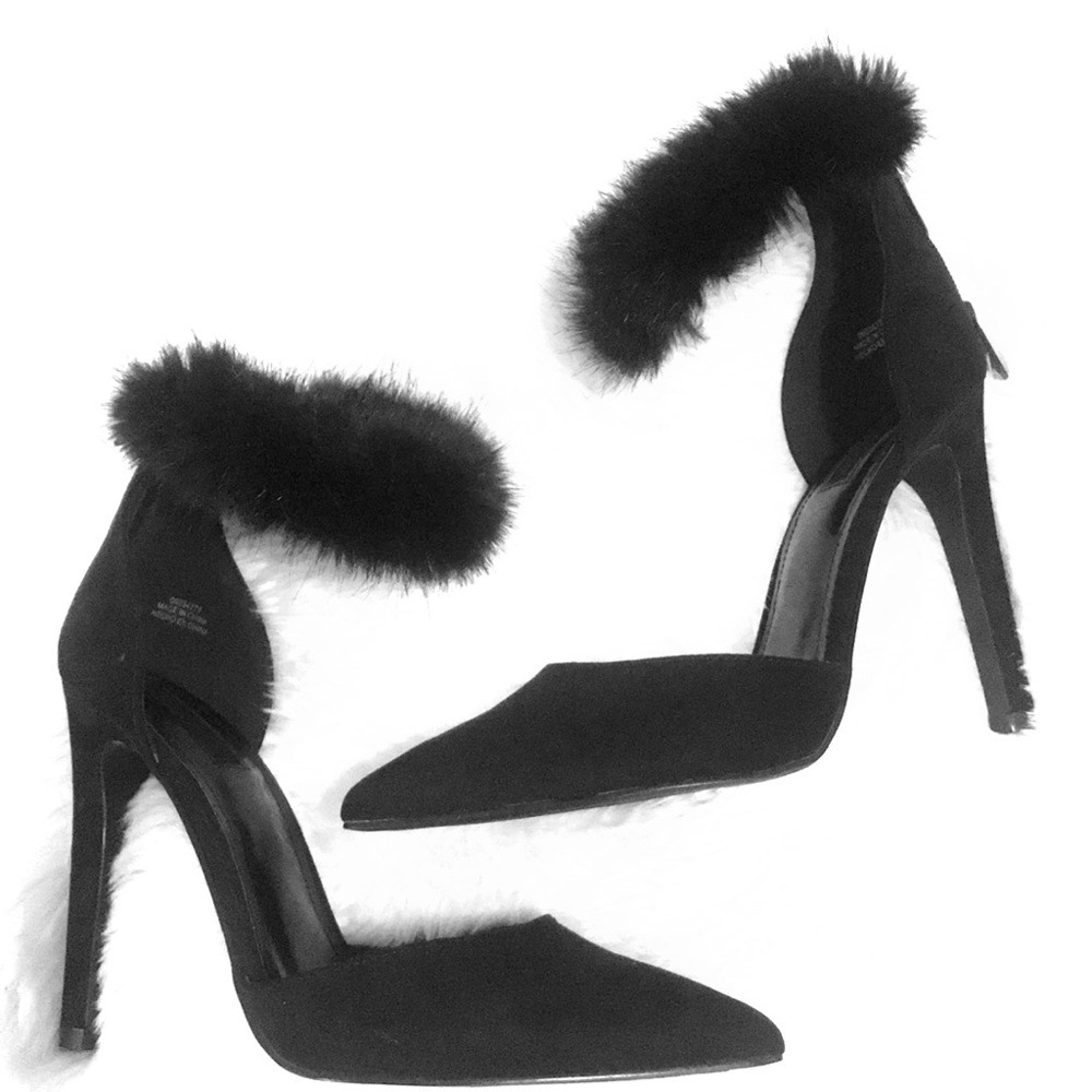 Black heels with fuzzy ankle